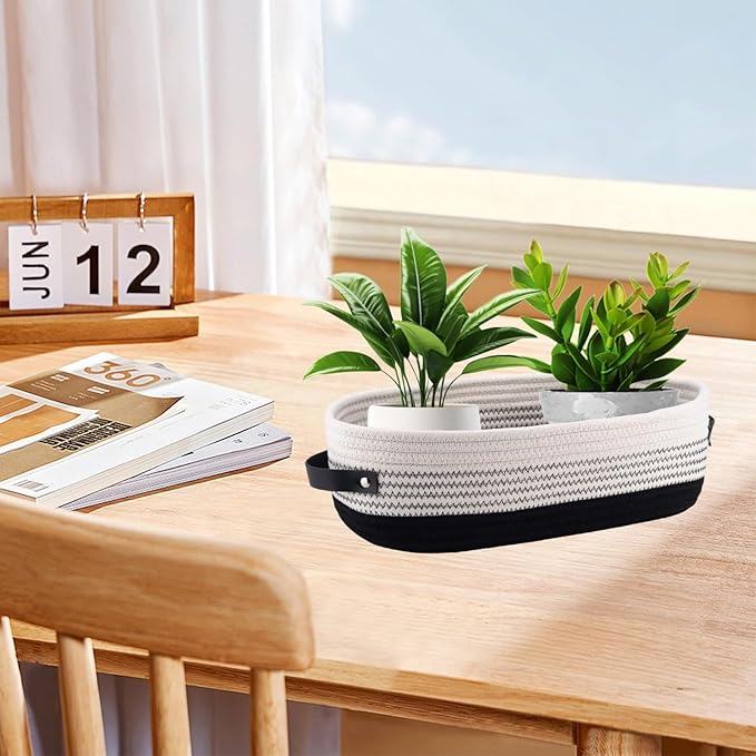1 Pack Small Woven Storage Basket for Toilet Tank Top, Bathroom Countertop Organizer Basket Cotton Rope Toilet Paper Storage Toilet Paper Decorative Basket 13"x6"x4" (Black/White)