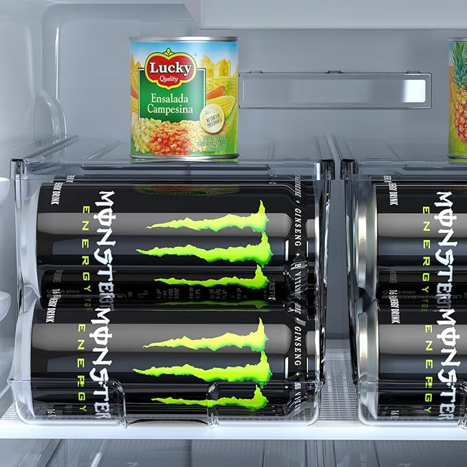 4 Pack Tall Skinny Can Organizer for Refrigerator, Stackable Large Soda Cans of 16oz & 17oz Beverage Energy Drink Container Holder Dispenser with Lid for Fridge, Clear Storage Plastic Bins