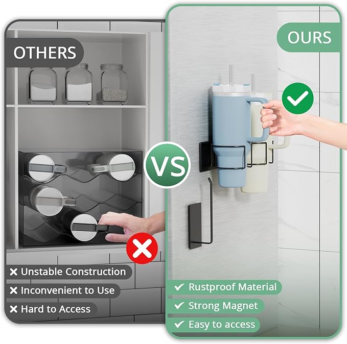 Magnetic Stanley Cup Holder for Refrigerator, Water Bottle Organizer for Stanley 40 oz with Tumbler Lid Organizer, Hanging Kitchen Organizers and Storage for Stanley Cup Accessories