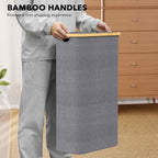 SpaceAid Slim Laundry Hamper with Lid, 65L Narrow Clothes Basket Bin with Bamboo Handles, Skinny Tall Collapsible Hamper for Bedroom, Bathroom, Dorm, Laundry Room - Grey