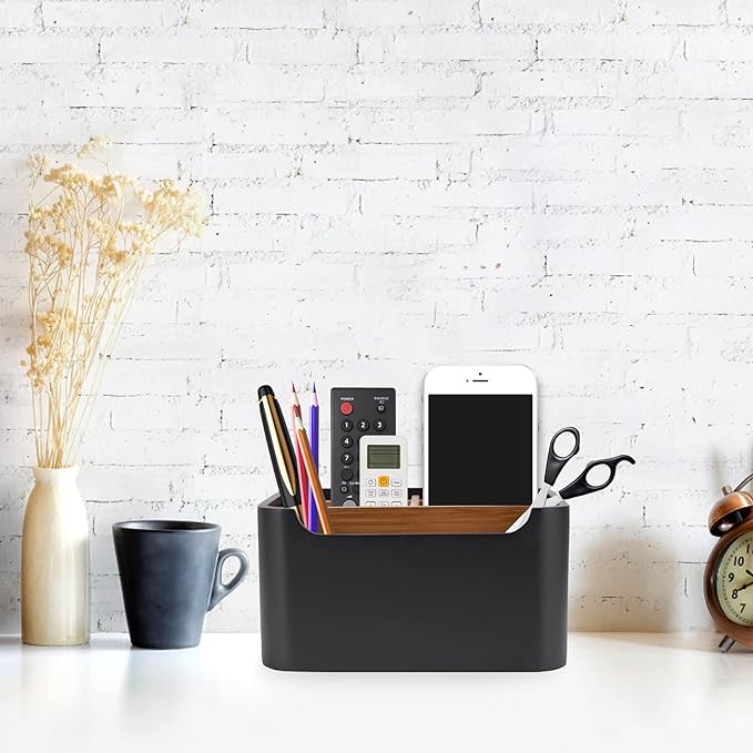 Remote Control Holder with Removable Wood Compartments for Media Devices, Desktop Stationery, and Bedside Nightstands, Black