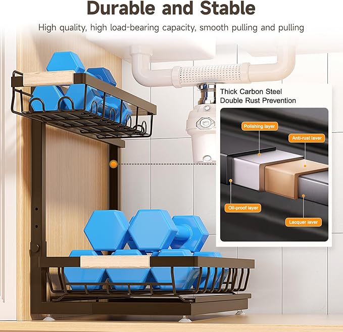 2 Packs Under Sink Organizer, Height Adjustable 2 Tier Under Kitchen Sink Organizer, Multi-Purpose Storage Shelf for Kitchen Bathroom Cabinet (Brown, Large)