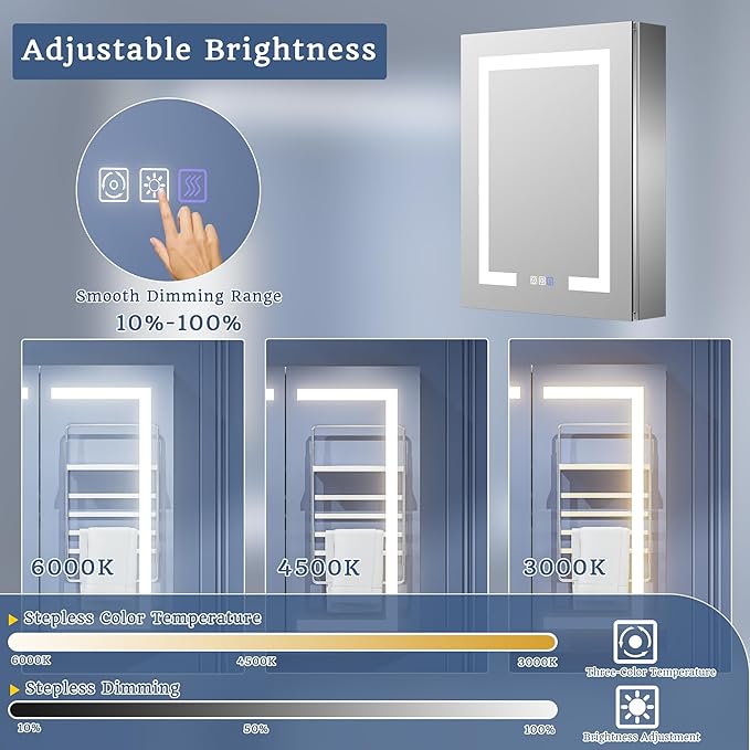 ExBrite LED Lighted Bathroom Medicine Cabinet with Mirror, 24 x 30 Inch, Recessed or Surface Mount, Anti-Fog, Stepless Dimming, Color Temperature Adjustment, 2 Outlets, Storage Shelves, Left Hinge