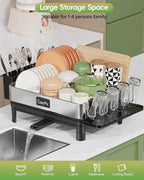 Dish Racks, Thicker Premium 304 Stainless Steel Dish Drying Rack for Kitchen Counter, Automatic Drainage Spout, Dish Drainer & Drainboard Set with Utensil Holder and Cup Holder, Black