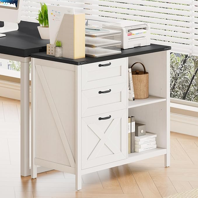 3 Drawer File Cabinet, Farmhouse Lateral Filing Cabinet Fits Files Letter or A4 Size, Wooden Printer Stand with Open Storage Adjustable Shelf for Home Office, White and Black