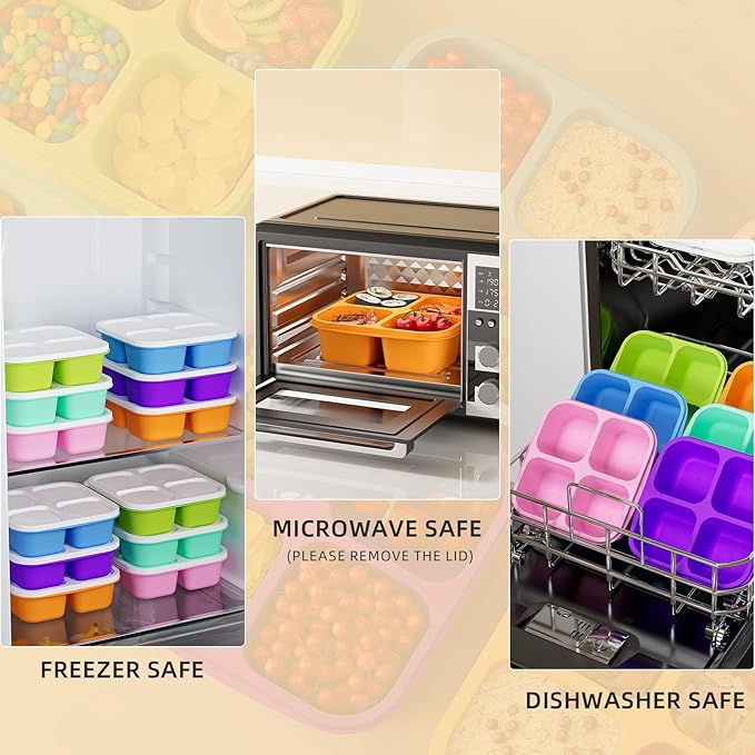 6 Pcs Bento Snack Containers, Reusable 4 Compartment Food Storage Container with Lids, Divided Lunchable Container, Freezer, Microwave & Dishwasher Safe (6 Color)