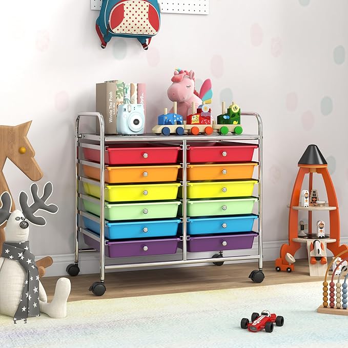 GOFLAME 12-Drawer Rolling Storage Cart, Multifunctional Art Craft Organizer Cart, Mobile Utility Storage Cart with Removable Drawers & Lockable Wheels, Craft Cart for Home Office School, Multicolored