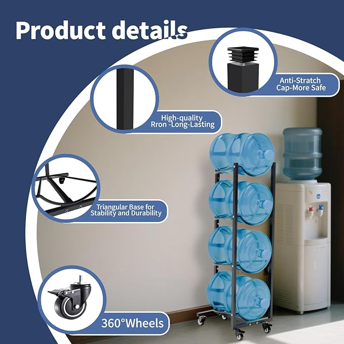 5 Gallon Water Jug Holder with 4 Wheels 4 Tier 5 Gal Water Bottle Storage Rack Stand for Home Kitchen Office Gym Garage