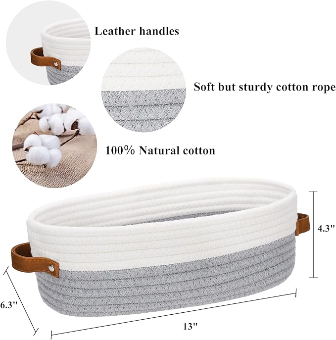Bathroom Countertop Organizer Basket, Cotton Rope Woven Storage Basket Toilet Paper Decorative Basket for Bathroom, Bedroom, Living Room, Entryway 13"x6.3"x4.3" (Off White/Gray)