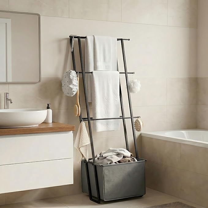 2-in-1 Leaning Blanket Ladder with Storage Basket, Matte Black Metal Towel Rack Stand, Drill-Free Space Saving Organizer for Bathroom & Bedroom Throws, 63"