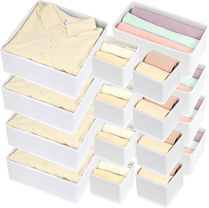 16 Pack Drawer Organizer Clothes, Foldable Fabric Dresser Organizer Closet Organizers and Storage Box for Underwear,Folded Clothes,Baby Clothing,Socks,Bra,Towels,Ties(White)