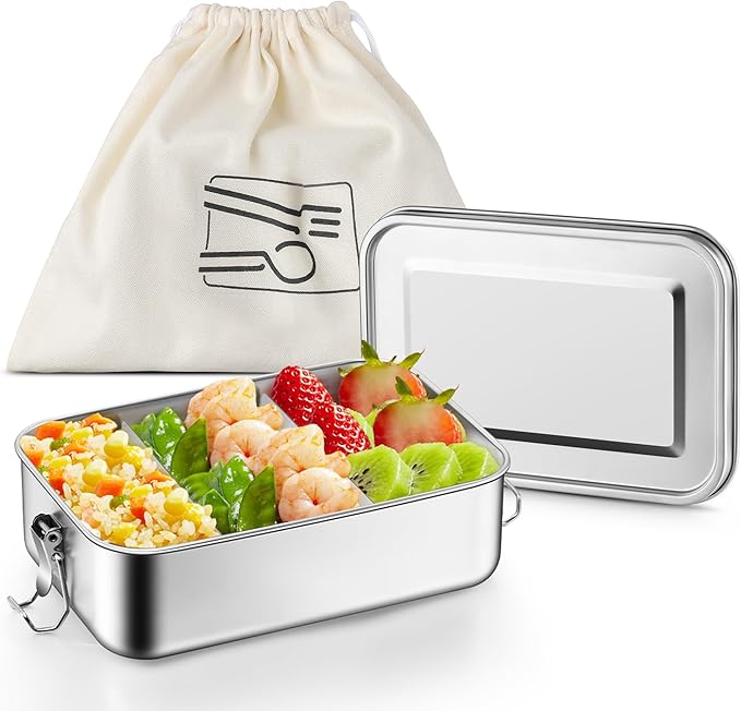 TeamFar Stainless Steel Bento Box, 47oz/1400ML Large Metal Bento Lunch Box Container for Adults/Kids, for Home/School/Office/Travel, With 2 Removable Dividers, Leak-Proof & Dishwasher Safe