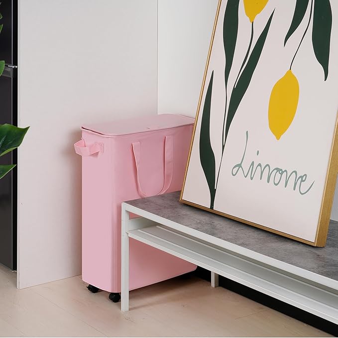 Slim Laundry Hamper with Lid and Wheels, Small Rolling Laundry Basket with Handle for Small Spaces, Tall Dirty Clothes Hampers for Dorm, Bathroom and Bedroom, 55L, Pink