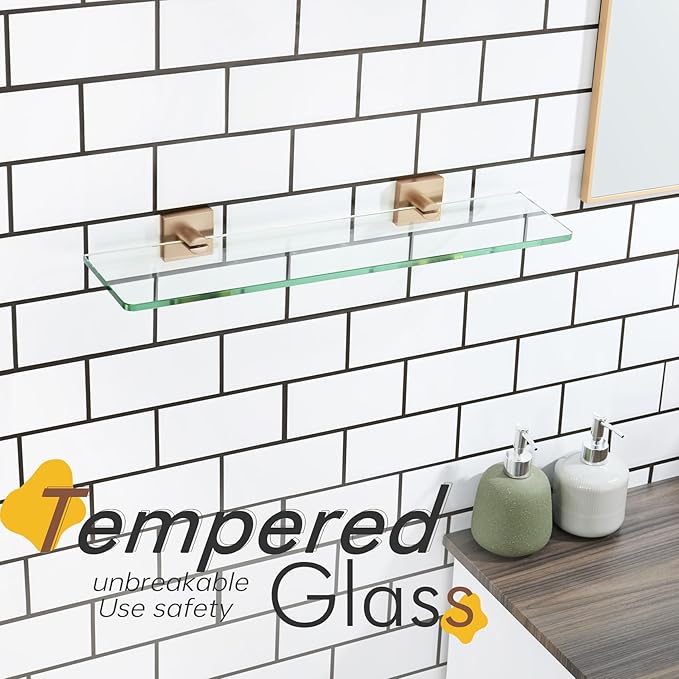 KOKOSIRI Tempered Glass Shelf 20-Inch Floating Wall Shelves Bathroom Rack Kitchen Shower Storage, 2 Pack Champagne Bronze Stainless Steel B1107CPG-L20-P2
