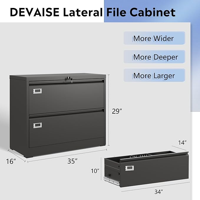 DEVAISE Metal Lateral File Cabinet with Lock, 2 Drawer Wide Filing Cabinet for Letter/Legal/F4/A4 Hanging Files, Storage Cabinet for Home Office School, Black