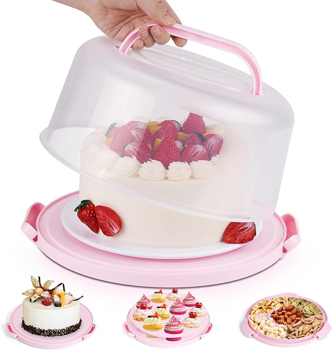 Cake Container - Cake Carrier with Lid and Handle， BPA-Free Cake Holder for 10 inch Cake with 2 Handles Cupcake Carrier - Plastic Cover Two Sided Base for Transport Pies Nuts Fruit Perfect Gifts