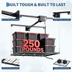 Heavy Duty Ceiling Storage Lift Adjustable 4x4 ft with Dual Safety Lock, 250 Lb Capacity Steel Ceiling Mounted Storage Racks for Garage Ceiling Organization and Overhead Storage, Ideal for Plastic Bin