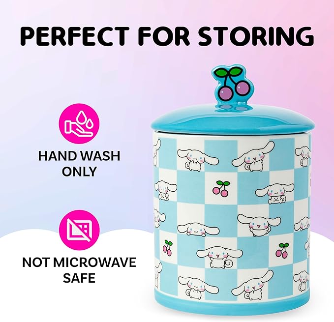 Silver Buffalo Sanrio Hello Kitty and Friends Cinnamoroll Cherries Blue Checkered Ceramic Cookie Snack Jar (Large)