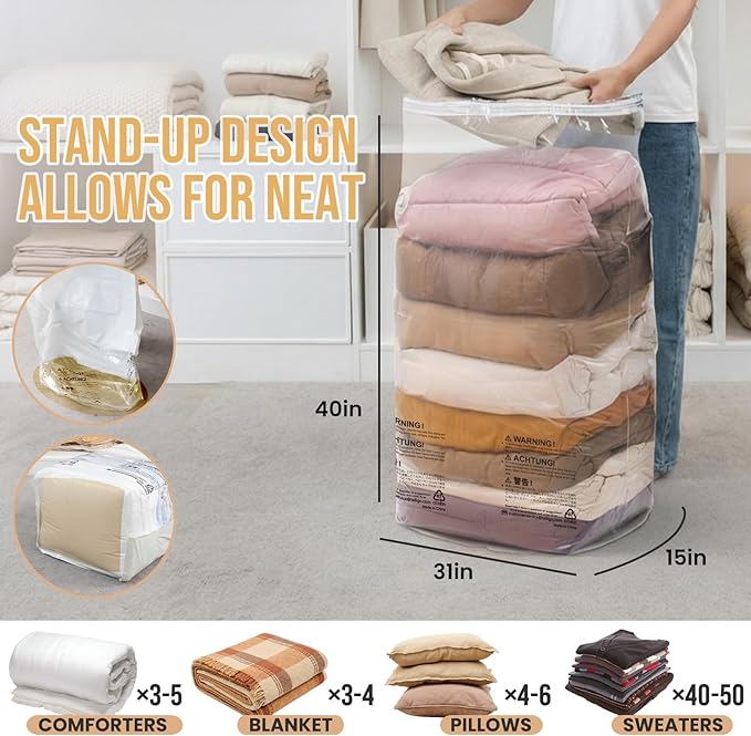 TAILI 8 Pack Vacuum Storage Bags, Jumbo Cube (31x40x15 Inch), Extra Large Vacuum Seal Bags for Comforters, Blankets, Bedding, Clothes, Closet Organization Space Saving, Clear