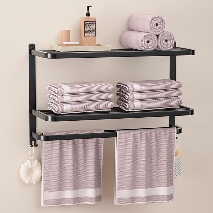 DDS-DUDES 23 Inch 3-Tier Black Towel Racks for Bathroom with Towel Bars Multilayer Hotel Towel Shelf Stainless Steel Wall-Mounted Matte Finished Holder with Towel Shelves
