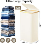 Large Laundry Hamper, 100L Waterproof Laundry Basket with Lid and Removable Bag, Collapsible Tall Clothes Hamper with Bamboo Handles for Clothes Toys in Dorm Bedroom Bathroom, Beige