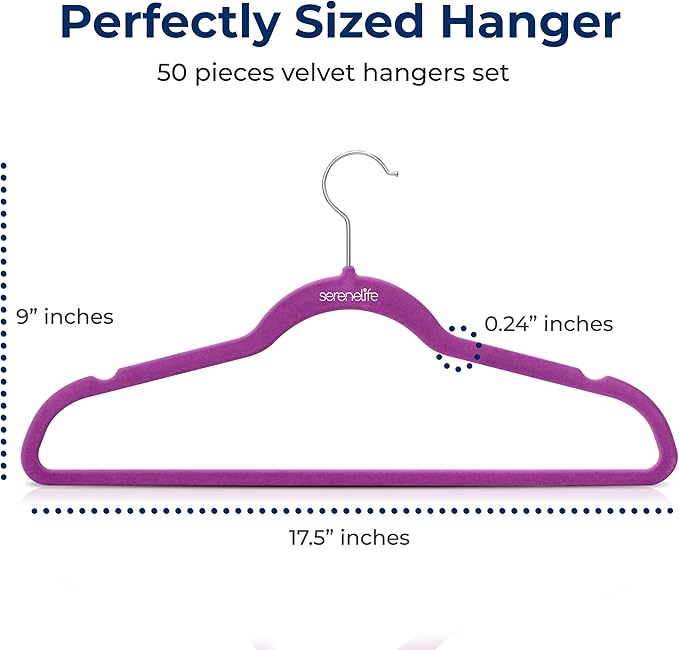 SereneLife 50 Pack Velvet Hangers - Non-Slip, 360° Swivel Hook - Ultra-Thin, Lightweight Velvet Hangers for Shirts, Sweaters, Hoodies, Kids Clothes & Dresses - Space-Saving