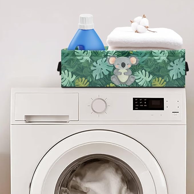 Small Bathroom Basket Toilet Tank Topper Paper Basket Fabric Bin Shelf Multi-purpose Storage Basket Caddy with Handles for Bathroom Counter, Koala Tropical Monstera Leaf Green