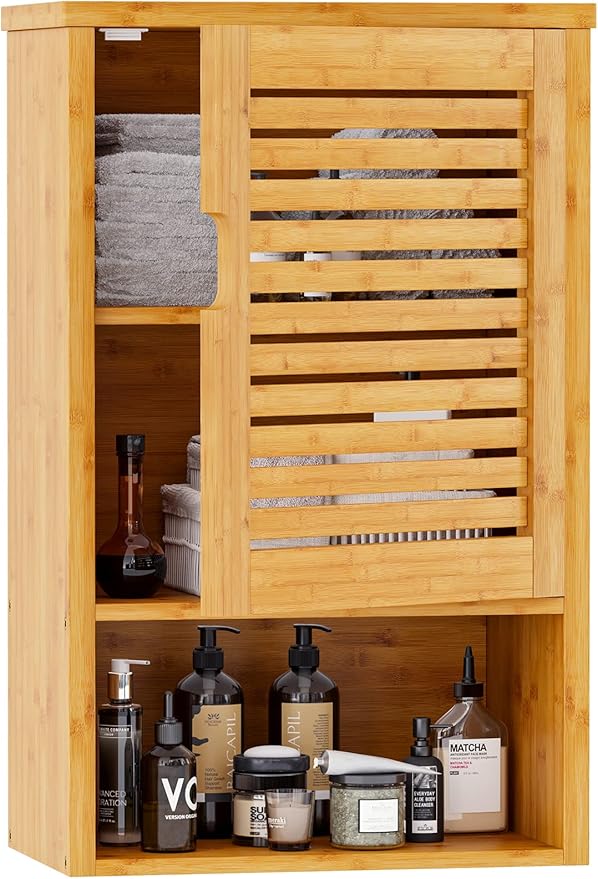 VIAGDO Bathroom Wall Cabinet, Wooden Medicine Cabinet with Single Door and Adjustable Inner Shelf, Bamboo Storage Cabinet Wall Mounted, Over The Toilet Hanging Cupboard, 15.7’’Lx7.8’’Wx23.6’’H