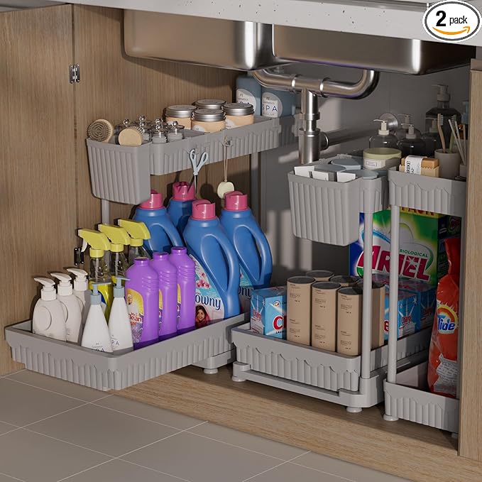 3 Pack Multi-Purpose Under Sink Organizers and Storage, 2026 L-Shaped Pull Out Cabinet Organizer for Bathroom & Kitchen, Under Cabinet Organizer with Hooks Hanging Cup (Grey, 12.85 inch)