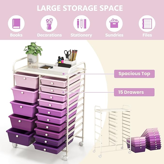 RELAX4LIFE 15 Drawer Rolling Storage Cart - Mobile Craft Art Supply Storage Organizer for Tool Scrapbook Paper Salon, Office School Classroom Teacher Rolling Cart with Drawers, Utility Cart on Wheels