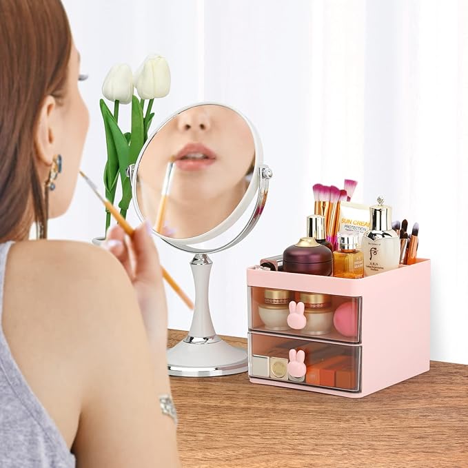 LETURE Small Desk Organizer With Drawer, Office Desktop Storage Box, Business Card/Pen/Pencil/Mobile Phone/Stationery Holder Storage Box, Makeup Organizer for Office School Home (Pink)