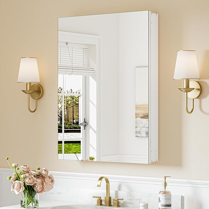 Keonjinn 24 x 32 Inch Medicine Cabinet Mirror, Assembly Required, Large White Medicine Cabinets for Bathroom, Stepless Adjustable Shelves, Tempered Glass, Soft Closing, Recessed or Wall Mount
