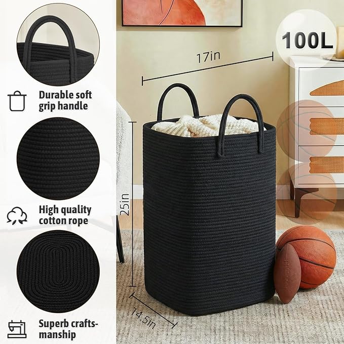 Laundry Basket,Woven Cotton Rope Laundry Hamper,100L Versatile Storage for Dirty Clothes,Baby Toys,and Blankets in Bathroom, Nursery,and Living Room