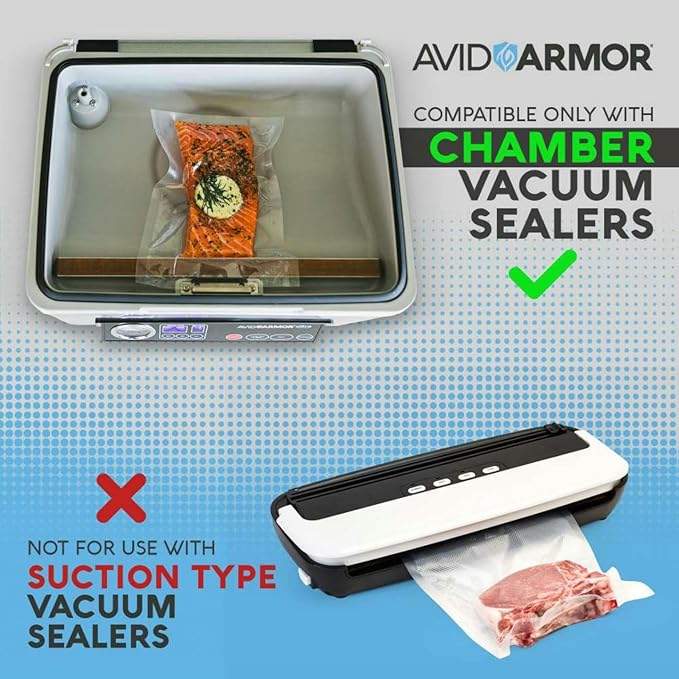 Avid Armor 300 CT Chamber Vacuum Sealer Bags for USV32 – Assorted Sizes (6x10", 8x12", 10x13"), BPA-Free, Reusable, for Food Storage, Sous Vide, and Freezer Preservation