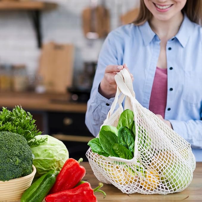 2-Pack Reusable Mesh Grocery Bags, 100% Cotton String, Long Handle Produce Bags, Fruit & Veggie Storage