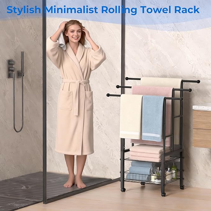 Kayfia 42.7" H Standing Towel Racks for Bathroom with Wheels, Upgraded Large Size 3 Tier Metal Blanket Rack Stand with Shelf and Basket, Storage for Oversized Bath Towels Bathroom Pool Accessories