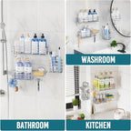 TAILI Shower Caddy Suction Cup, 3 Pack Shelves for Inside with Hooks & Soap Holder Toothbrush Cups, Removable Bathroom Organizer, Rustproof Silver Storage-Silver