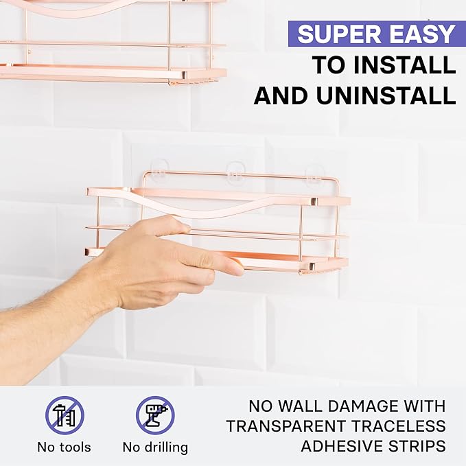 KINCMAX Shower Shelves 2-Pack - Premium Self Adhesive Shower Caddy w/ 4 Hooks - No Drill Large Capacity Stainless Steel Wall Shelf - Easy Mount Bathroom Organizer Racks - Rose Gold
