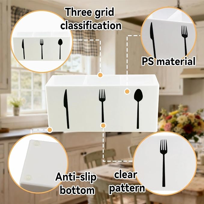 Utensil Holder,Kitchen Countertop Organizer,Silverware Organizer,3 Compartments Silverware Caddy,Plastic Utensil Holder, Large Capacity Cutlery, Spoon, Fork, and Knife Rack (White)