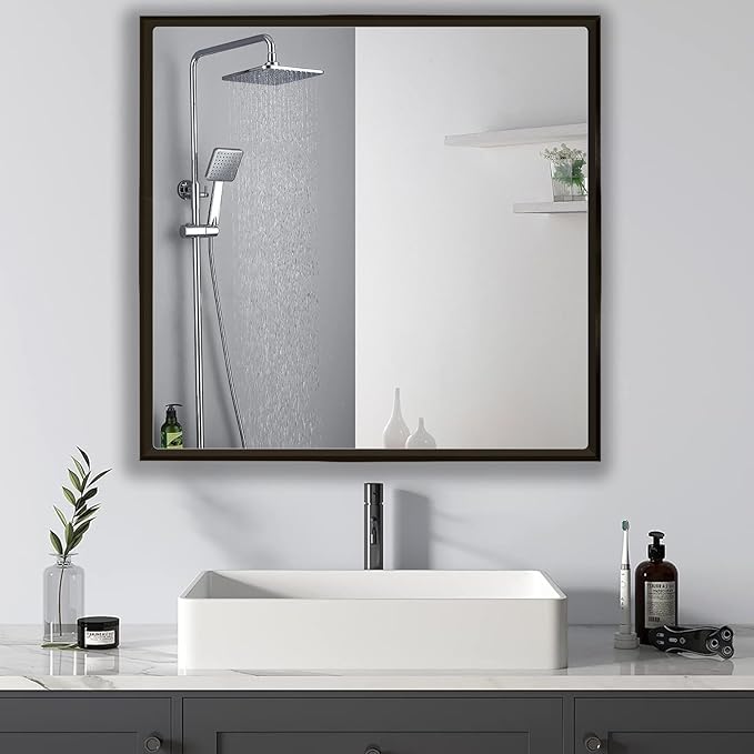 Bathroom Medicine Cabinet with MirrorSurface Mount Vanity Mirror Cabinet, Single Door Cabinet Famerhouse Bathroom with Storage (Brush Black, 24x24 Inch)