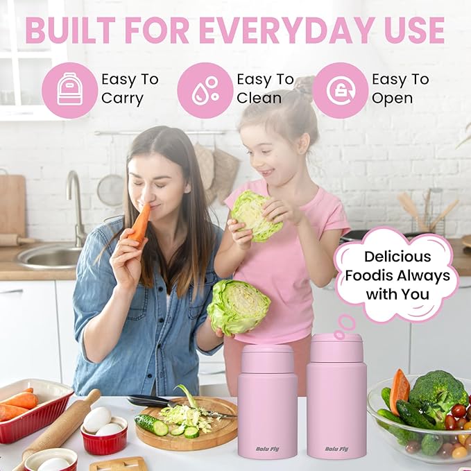 2 Pack Soup Thermo for Hot Food for Adults, Insulated Food Jar, Stainless Steel Vacuum Thermal Lunch Box Containers with Carry Bag and Spoon (18.5oz, 27oz) (Pink)