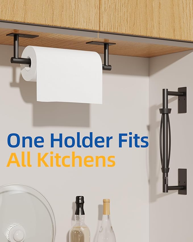 RUACQ Paper Towel Holder Under Cabinet, One Hand Tearing Paper Towel Holder with Damping Effect, Wall Mount & Adhesive Stainless Steel Paper Roll Holder for Kitchen Bathroom (Matte Black)