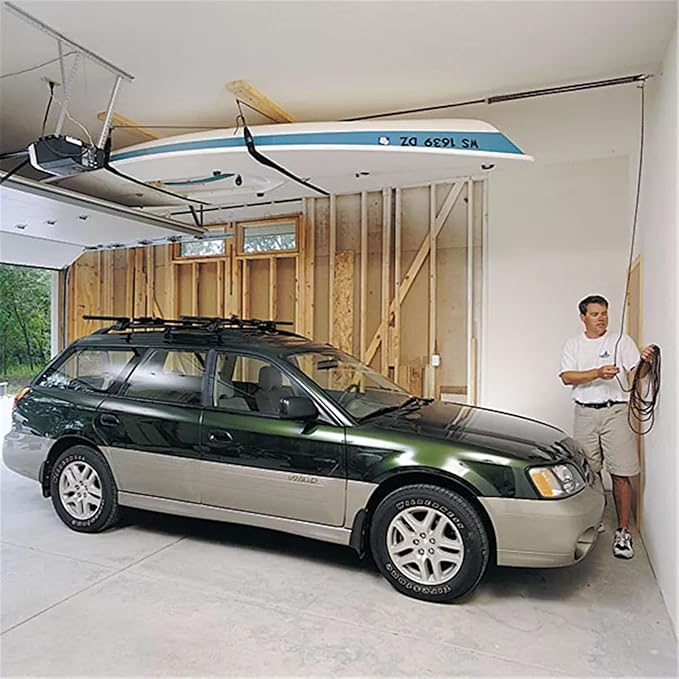 HARKEN Hoister Overhead Garage Storage Hoist System for Kayaks, Canoes, Surf & Paddle Boards, (60lb Capacity, 12ft Ceiling) Self-Leveling, Safe Anti-Drop, Easy One-Person Operation - Model 7801.12