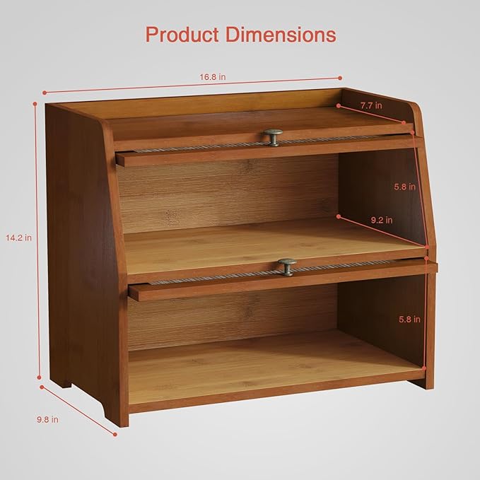 Wooden Bread Box for Kitchen Countertop, Dark Wood Bread Storage Container for Homemade Bread, 2 Tier Roll Top Breadbox Holder Keeper for Sourdough Loaf Storage (Walnut Brown)