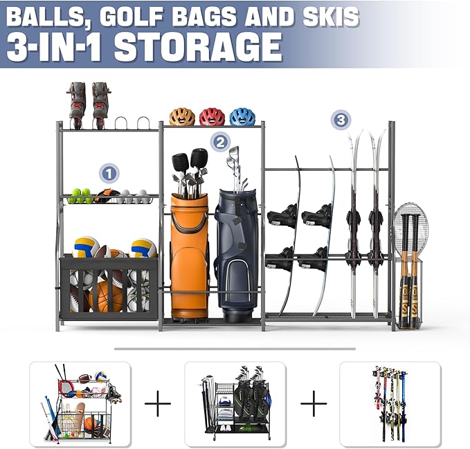 WALMANN Garage Sports Equipment Organizer Stand, Freestanding Ski & Snowboard Storage Rack with Ball Bin and Golf Bag Holder, Multi-Sport Storage for Garage
