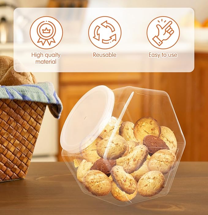 3 Pcs Plastic Candy Jars,Clear Cookie Jars 71 Oz for Kitchen Counter,Hexagon Cookie Jars with Lids,Plastic Dry Food Jar for Candy Buffet