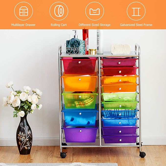 GOFLAME 15-Drawer Rolling Storage Cart, Craft Storage Cart with Removable Drawers & Lockable Wheels, Art Cart Supply Storage Organizer for Home Office Classroom, Rainbow