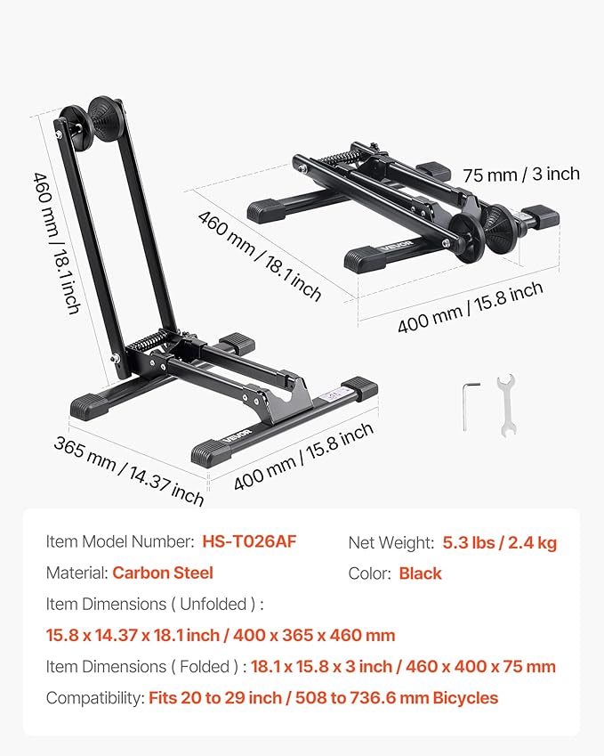 VEVOR Bike Rack, Fits 20 to 27 Inch Mountain & Road Bikes, Alloy Steel Rust-Resistant Bike Floor Stand Rack, Foldable Bicycle Stand for Entryway, Garage, Home Bikes Parking & Storage, 1 Pack, Black