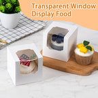 BOOMIBOO 50 Pack Individual Cupcake Containers, Cupcake Boxes with Window, Food Grade Cupcake Holders with Inserts, Stackable Deep Cupcake Carrier (White)