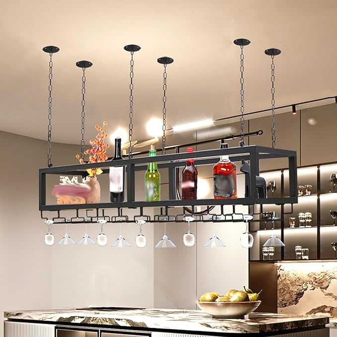 Ceiling Wine Glass Rack - Hanging Wine Rack with Glass Holder and Shelf, Height Adjustable Industrial Hanging Wine Bottle Holder, Black Metal Ceiling Shelf for Bar Cafe Kitchen (47.2×9.8×8.6in)